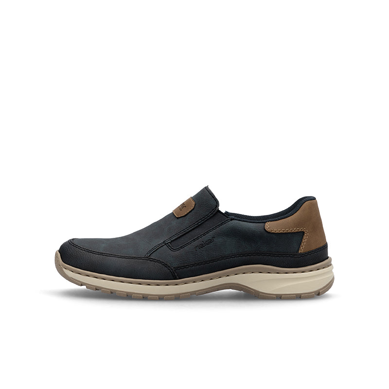 Men's slip-on casual sneakers, dark blue upper with tan side trim and tread sole
