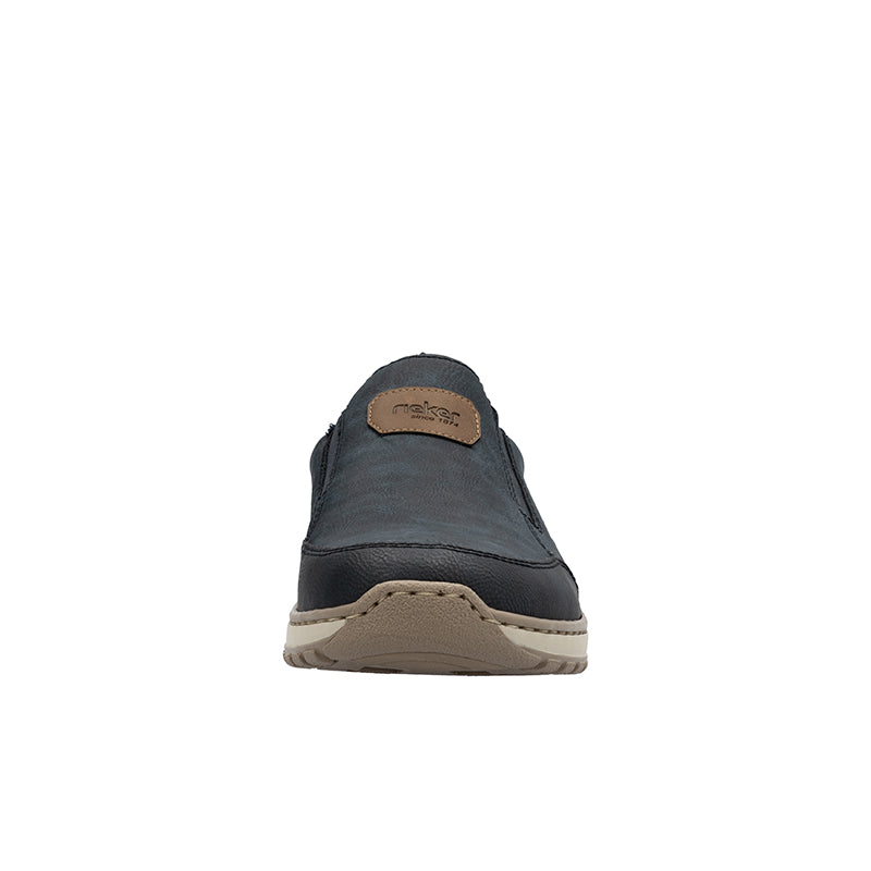Men's slip-on sneakers, dark blue back view with tan logo patch and light sole
