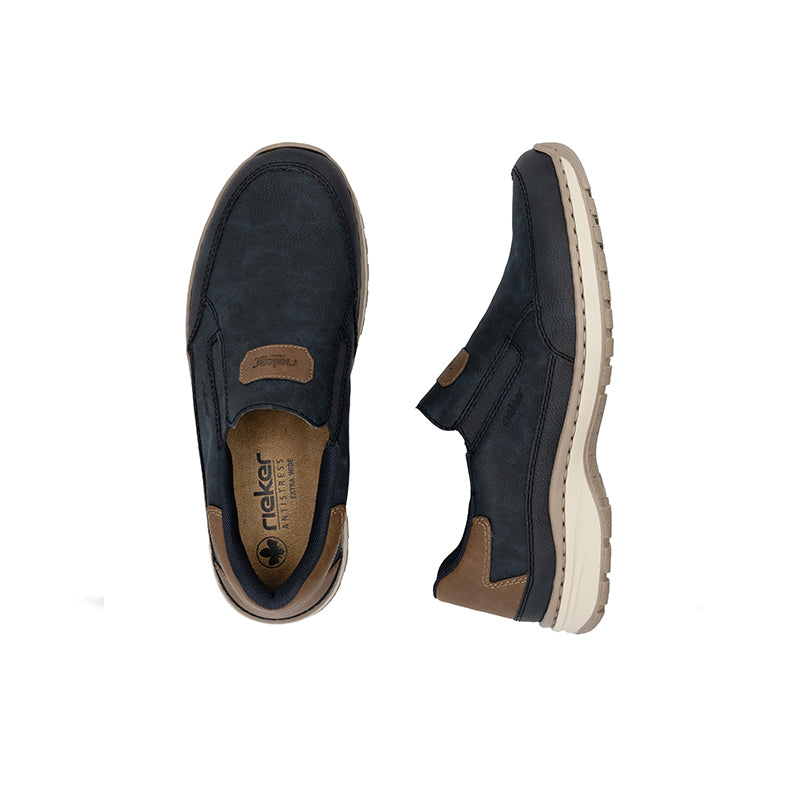 Pair of men's slip-on sneakers, dark blue uppers with tan details and light tread soles