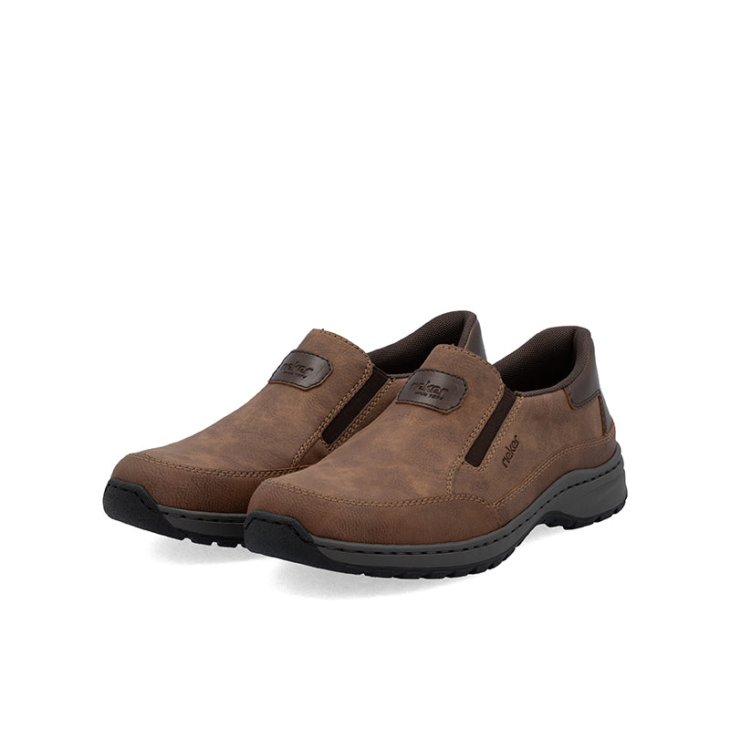 Men's slip-on casual sneakers, brown suede upper with side straps and dark tread sole