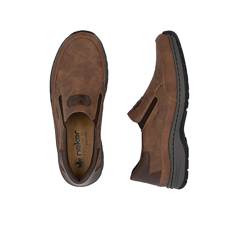 Pair of men's slip-on sneakers in brown with tan logo and dark sidewall sole