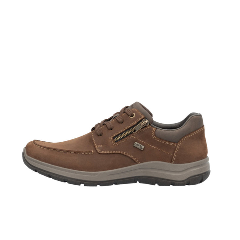Men's brown lace-up casual sneakers with side zipper detail and grippy rubber sole