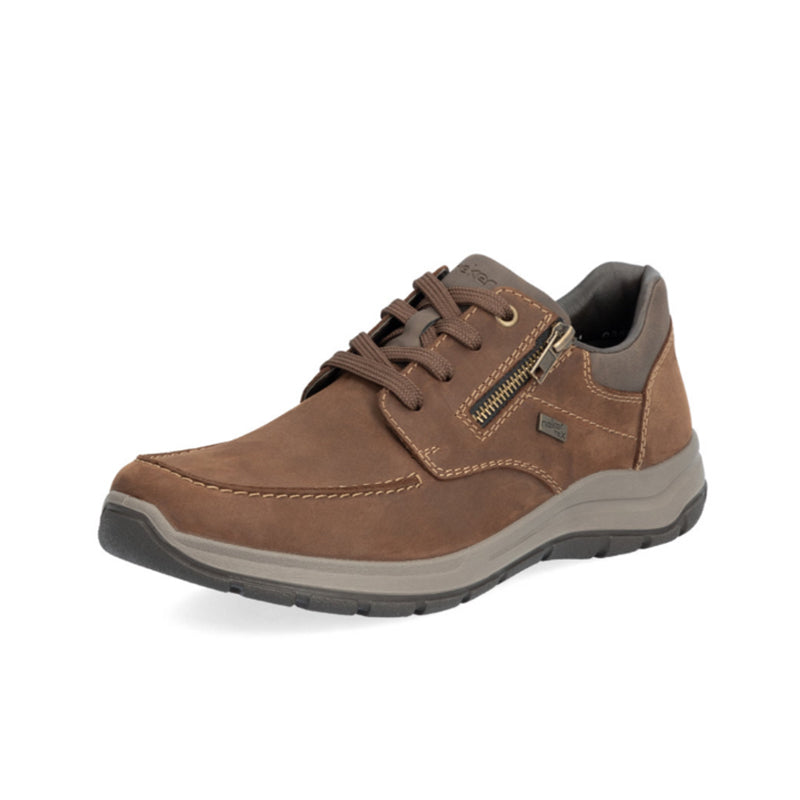 Men's brown lace-up sneakers with front zipper pocket and padded ankle collar