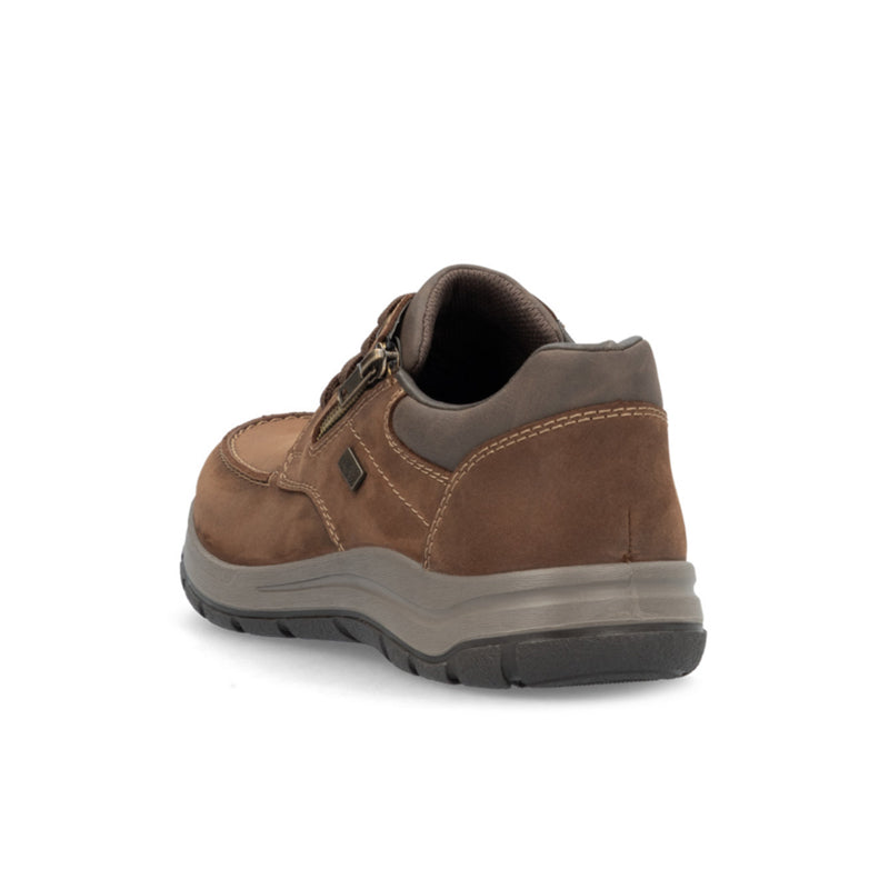 Men's brown lace-up sneaker heel view with padded lining and rubber outsole