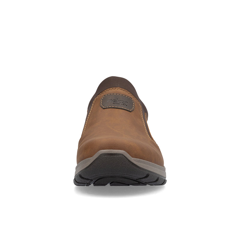 Men's brown slip-on sneakers with rubber sole and rear pull tab