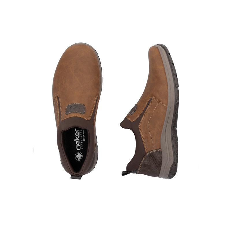 Men's brown slip-on sneakers shown from side and sole, dark heel trim