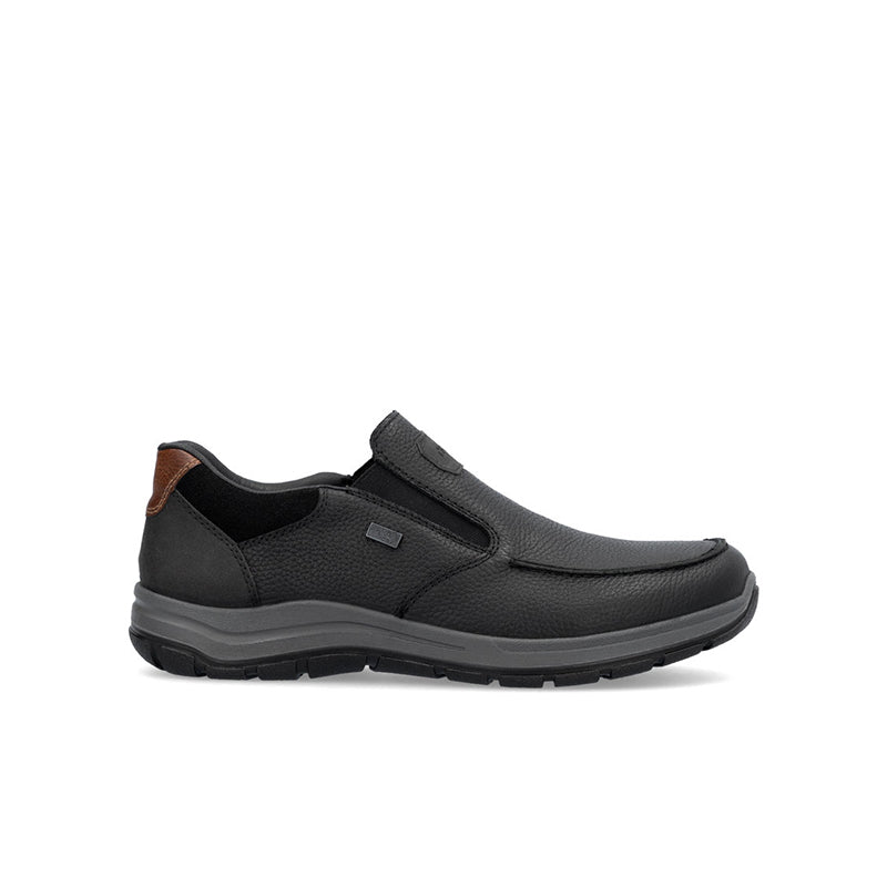 Men's black slip-on sneakers with cushioned collar and rubber tread sole