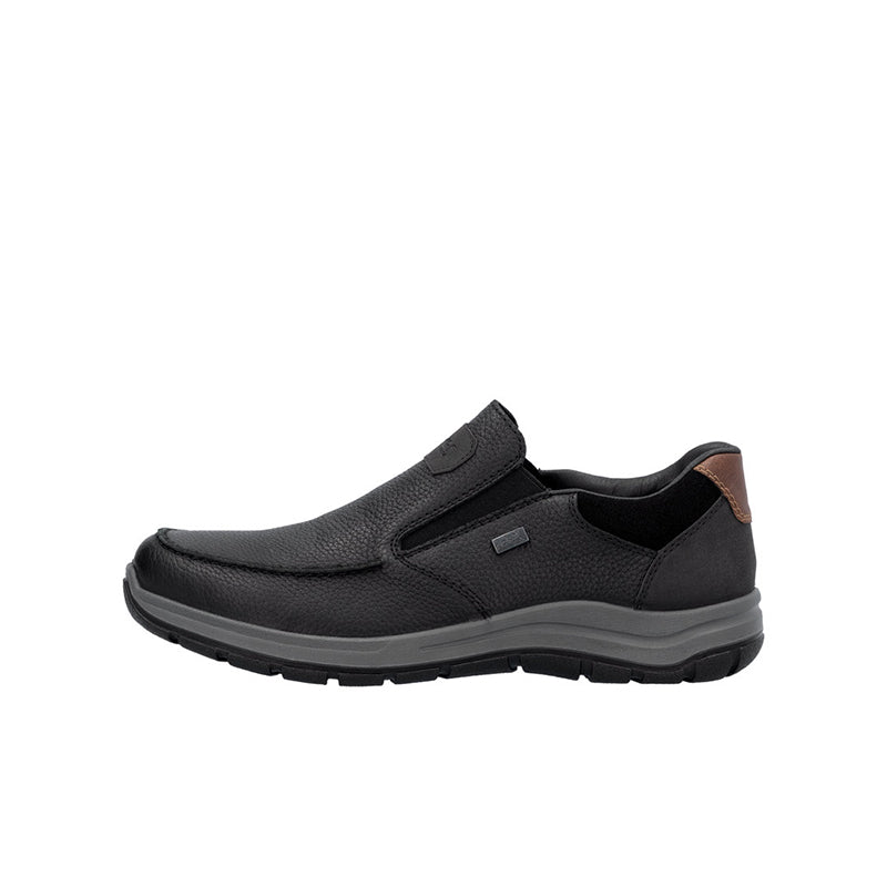 Men's black slip-on sneakers, low profile upper with side strap detail