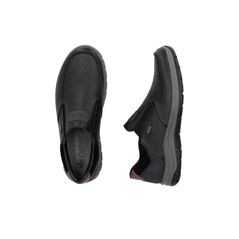 Men's black slip-on sneakers, pair shown from side and front angles