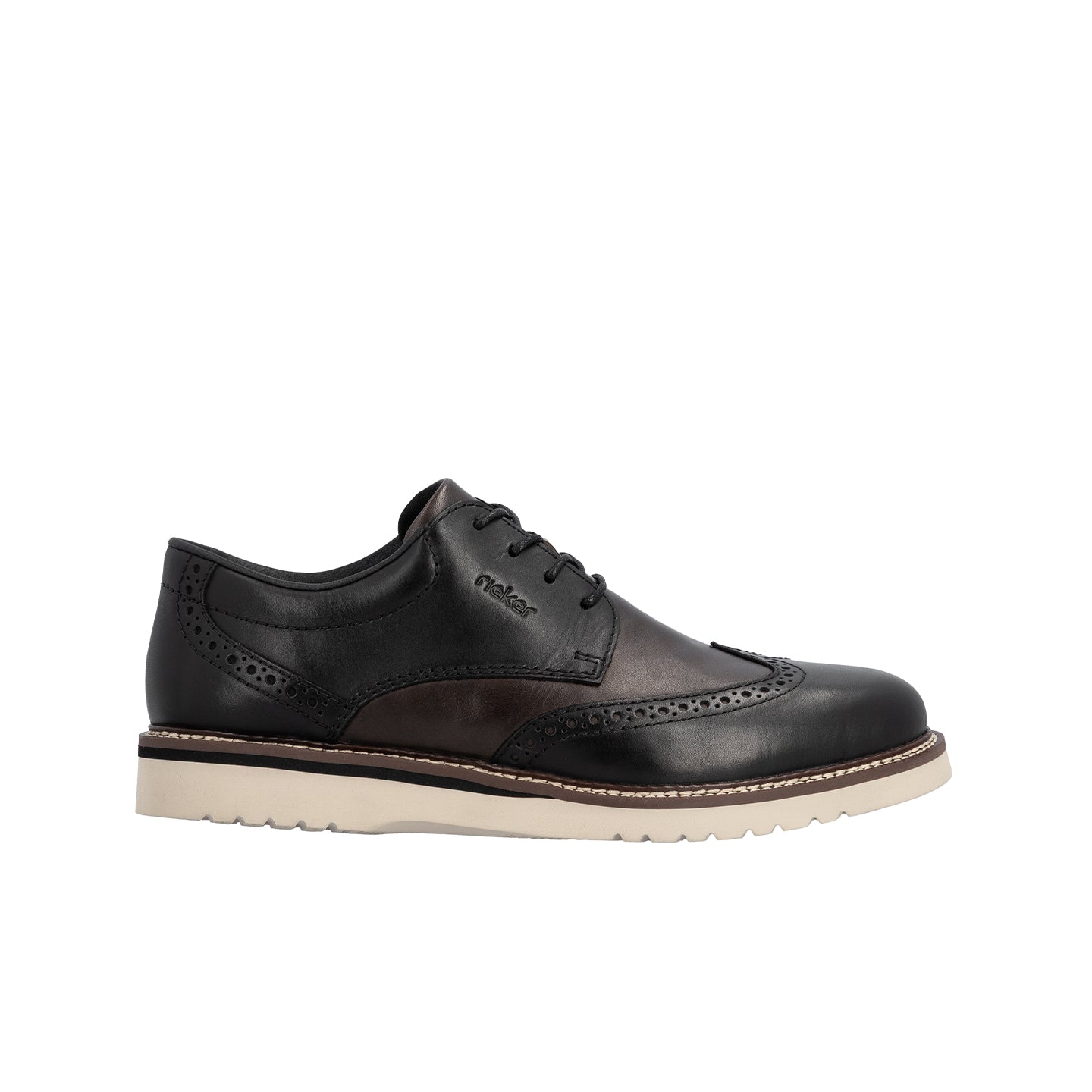 Men's brogue leather lace-up shoes, black with perforated detailing, light sole.