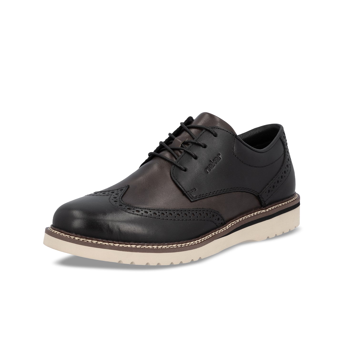Men's brogue leather lace-up shoes, black leather with brogue perforations, light sole.