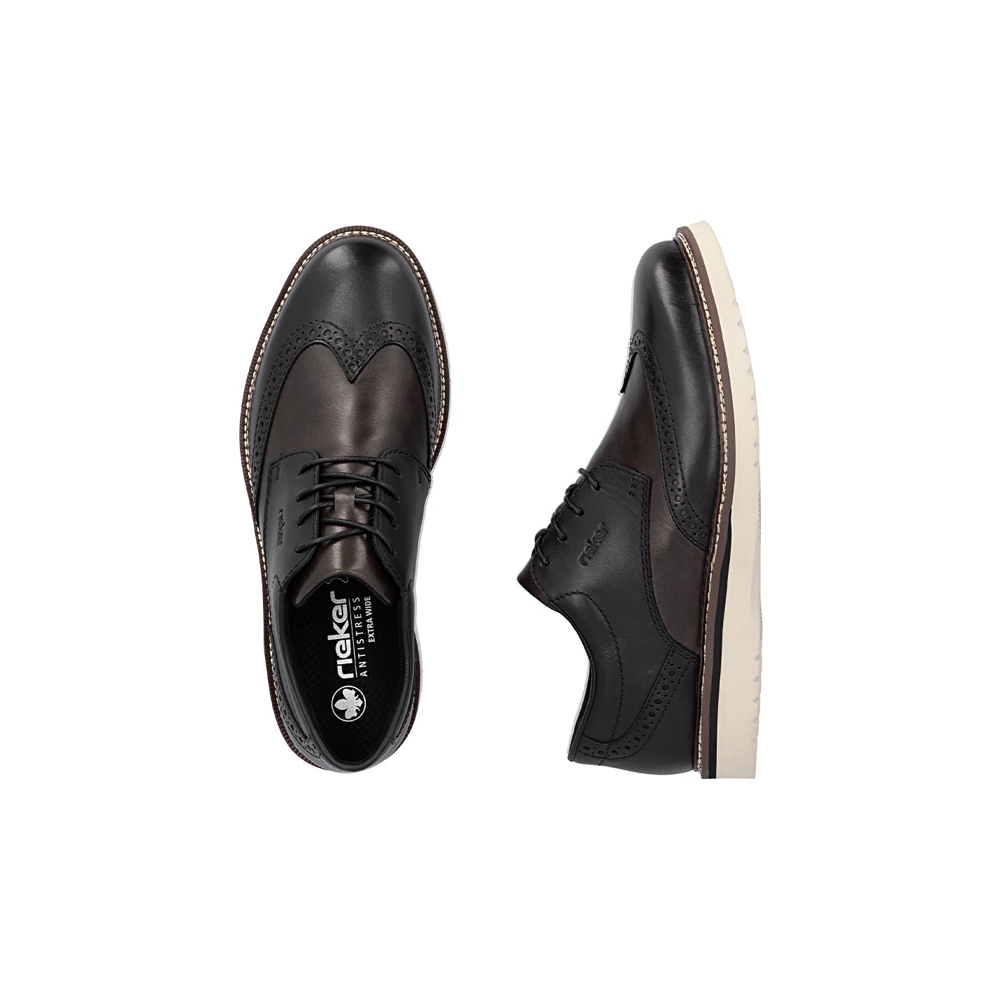 Men's brogue leather lace-up shoes close-up, black leather with lace-up front, light sole.
