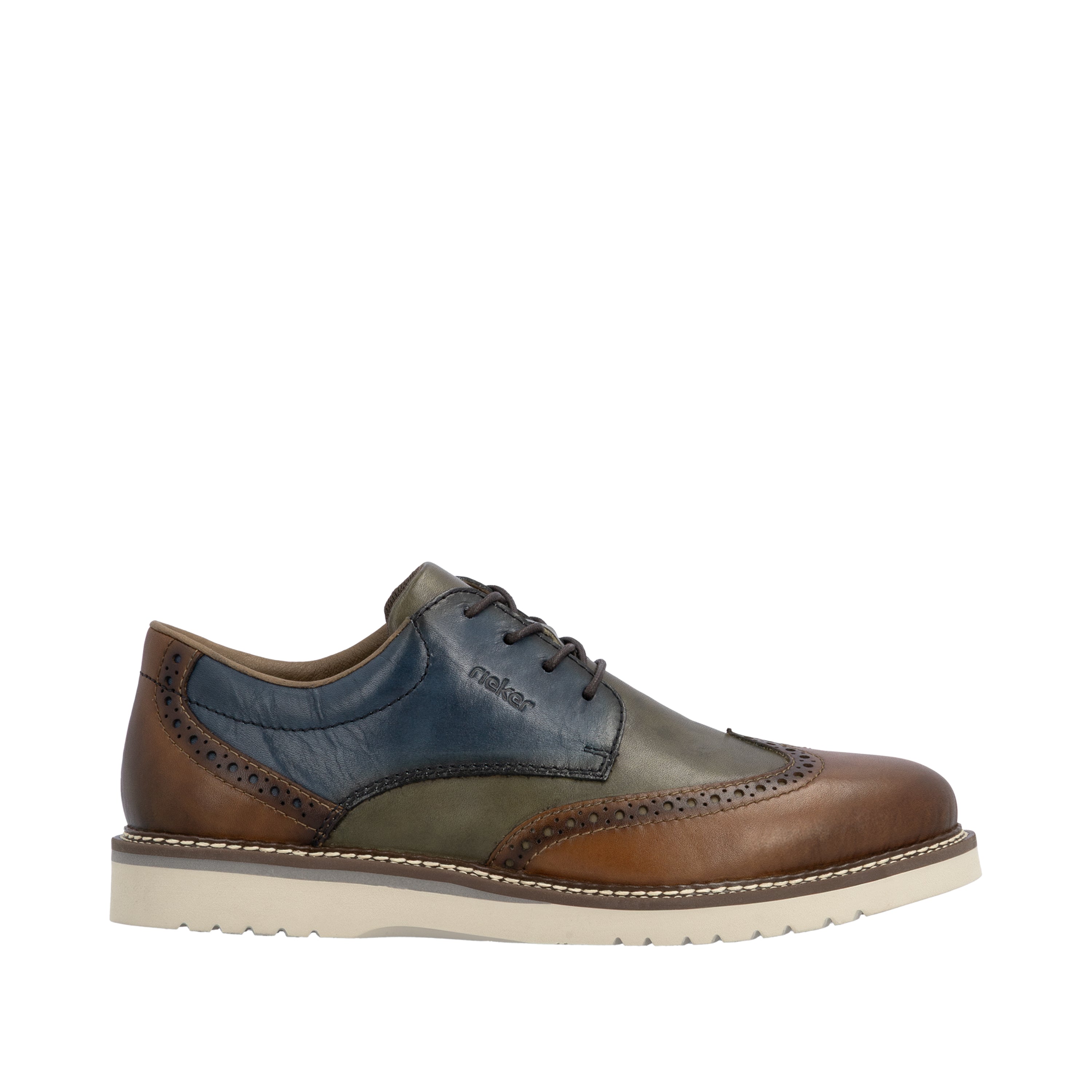 Men's brogue leather lace-up shoes, brown with blue panels, beige sole.