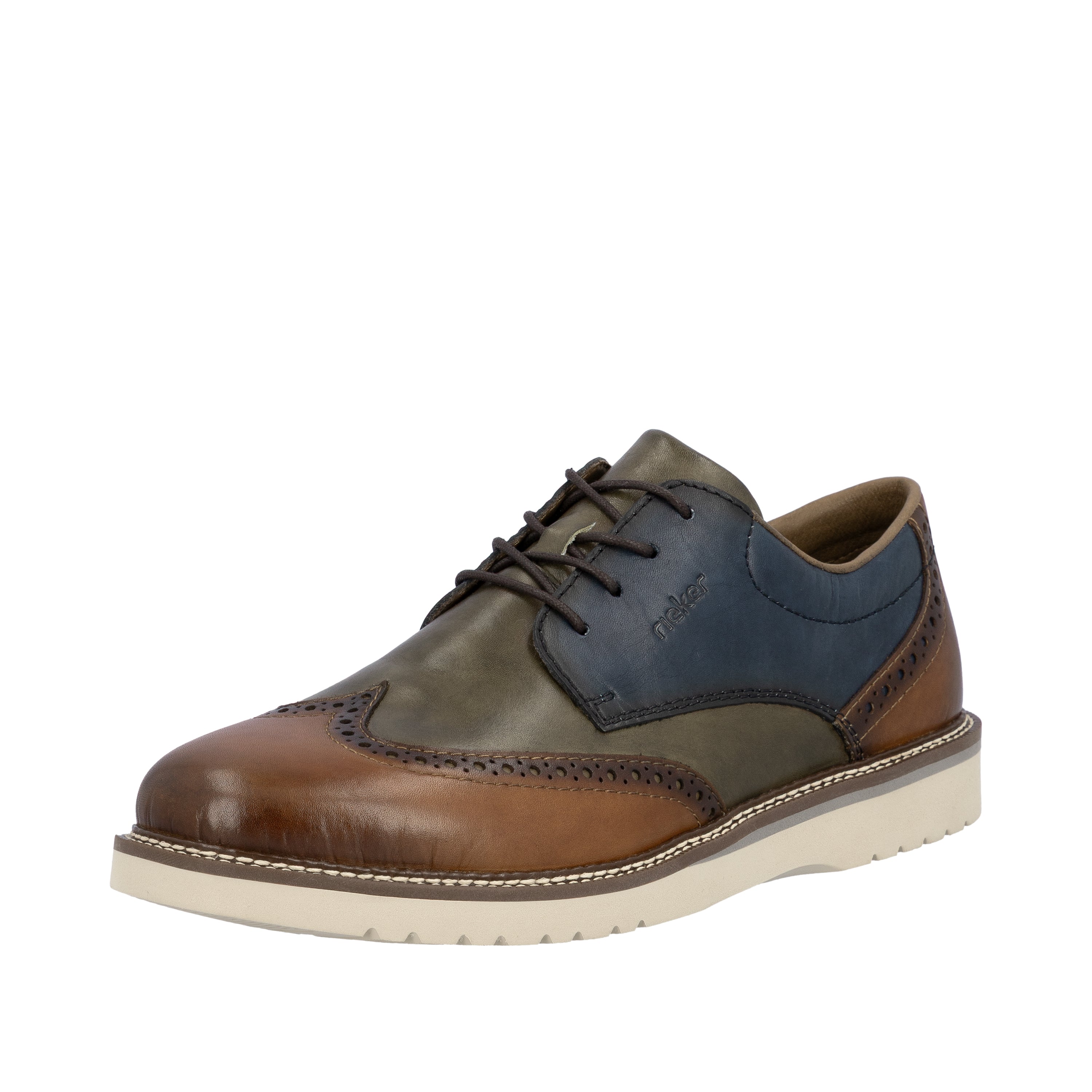 Men's brogue leather lace-up shoes, blue upper with brown toe, beige sole.