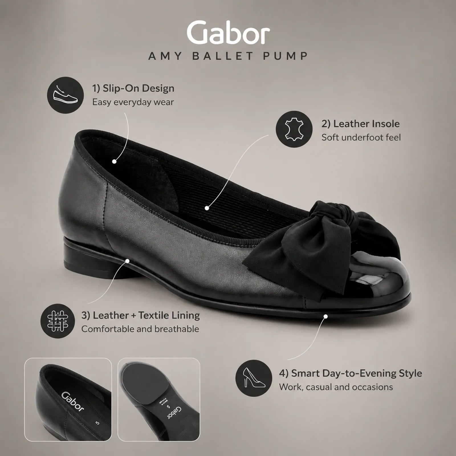 Gabor Amy women's black leather ballet pumps, outsole and stitching detail