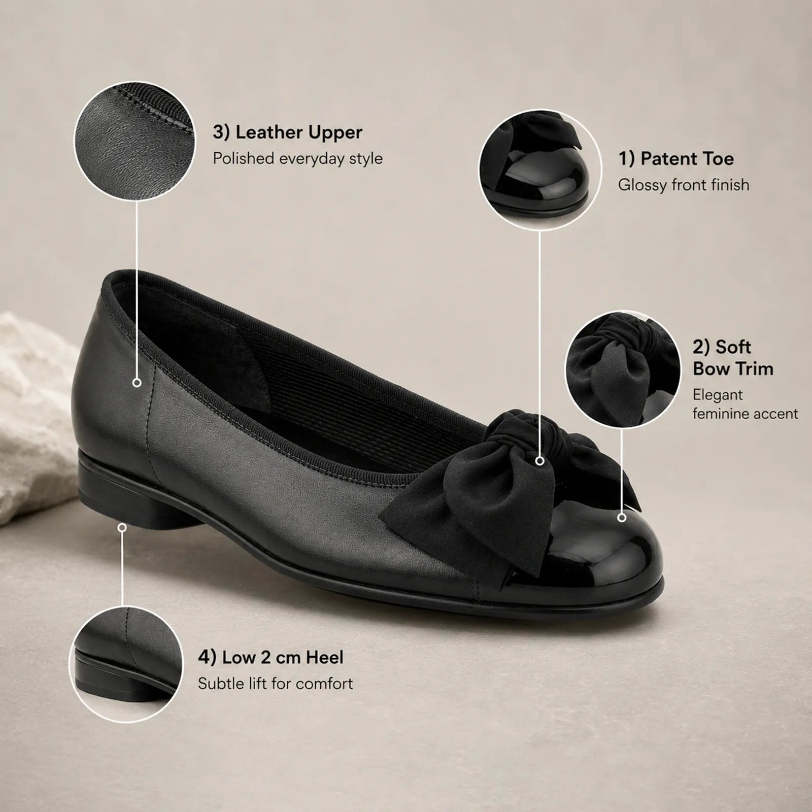 Gabor Amy women's black leather ballet pumps with patent toe cap and bow detail
