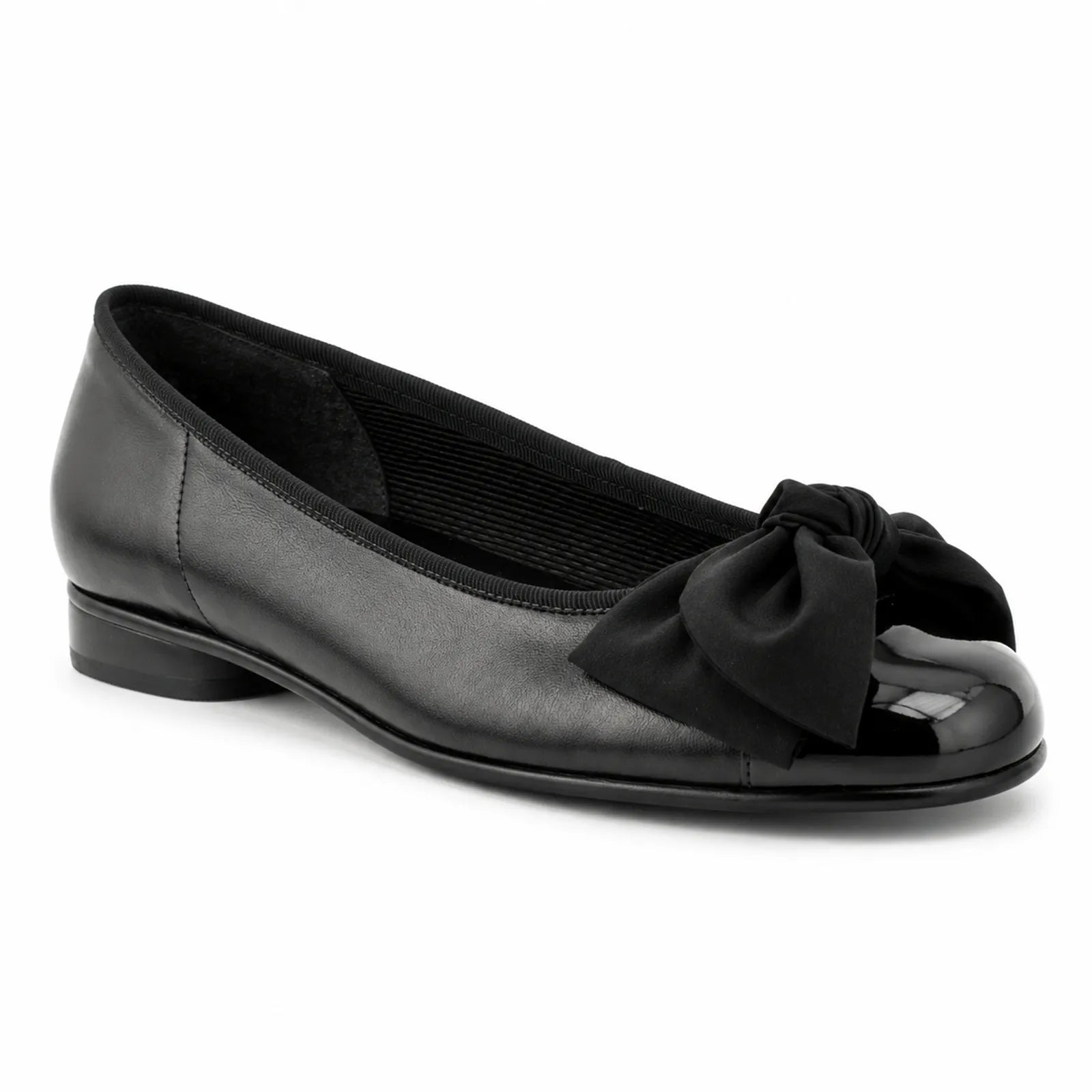 Gabor Amy women's black leather ballet pumps with patent toe cap, main product view