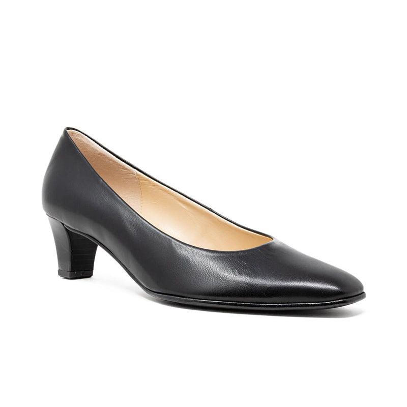 Black leather slip-on heels with pointed toe and low block heel