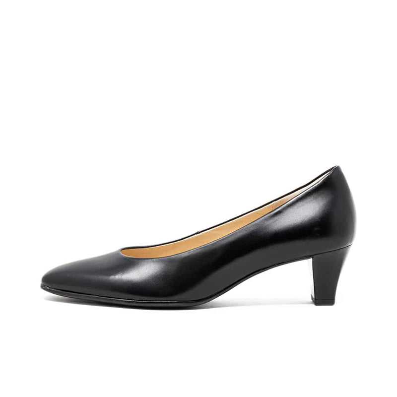 Black leather slip-on heel shoe with pointed toe and mid block heel