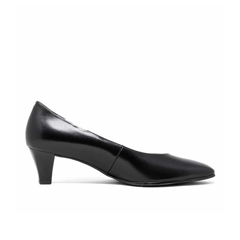 Black leather slip-on pump with pointed toe and low block heel, side view