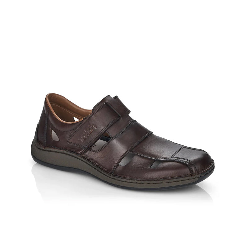 Rieker men's brown casual sandals with two hook-and-loop straps and cushioned sole