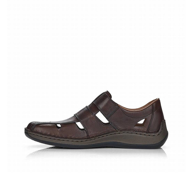 Rieker men's brown leather-look sandals with two hook-and-loop straps, open toe