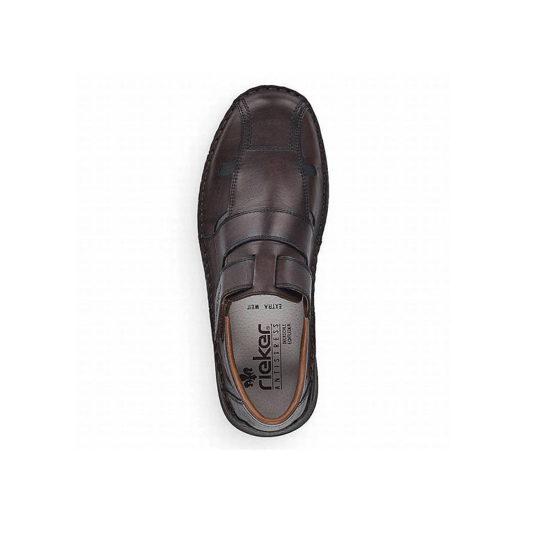 Rieker men's brown sandal heel view with stitched leather-look upper and logo in sockliner