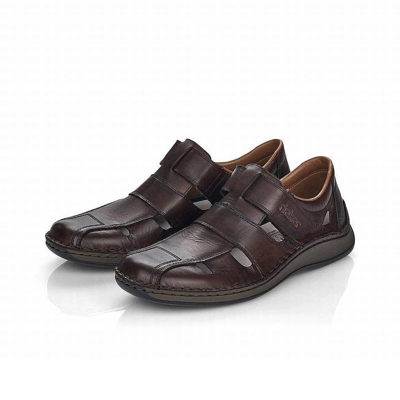 Rieker men's brown casual sandals with two adjustable straps and low cushioned sole