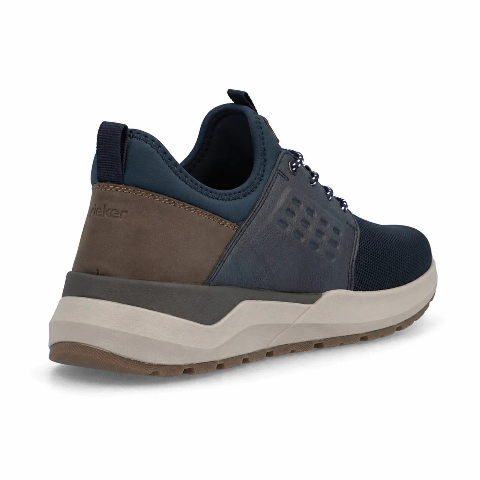 Rieker men's blue trainers side angle view showing lace fastening and contrast heel detail