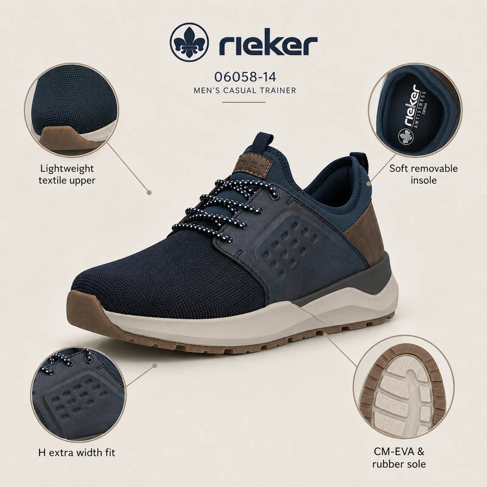 Rieker men's blue trainers close up detail showing textile upper, lace fastening and grippy outsole