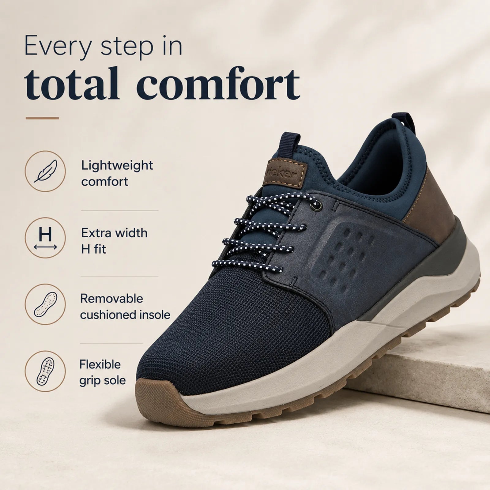 Rieker men's blue trainers showing removable insole, extra width fit and lightweight sole features