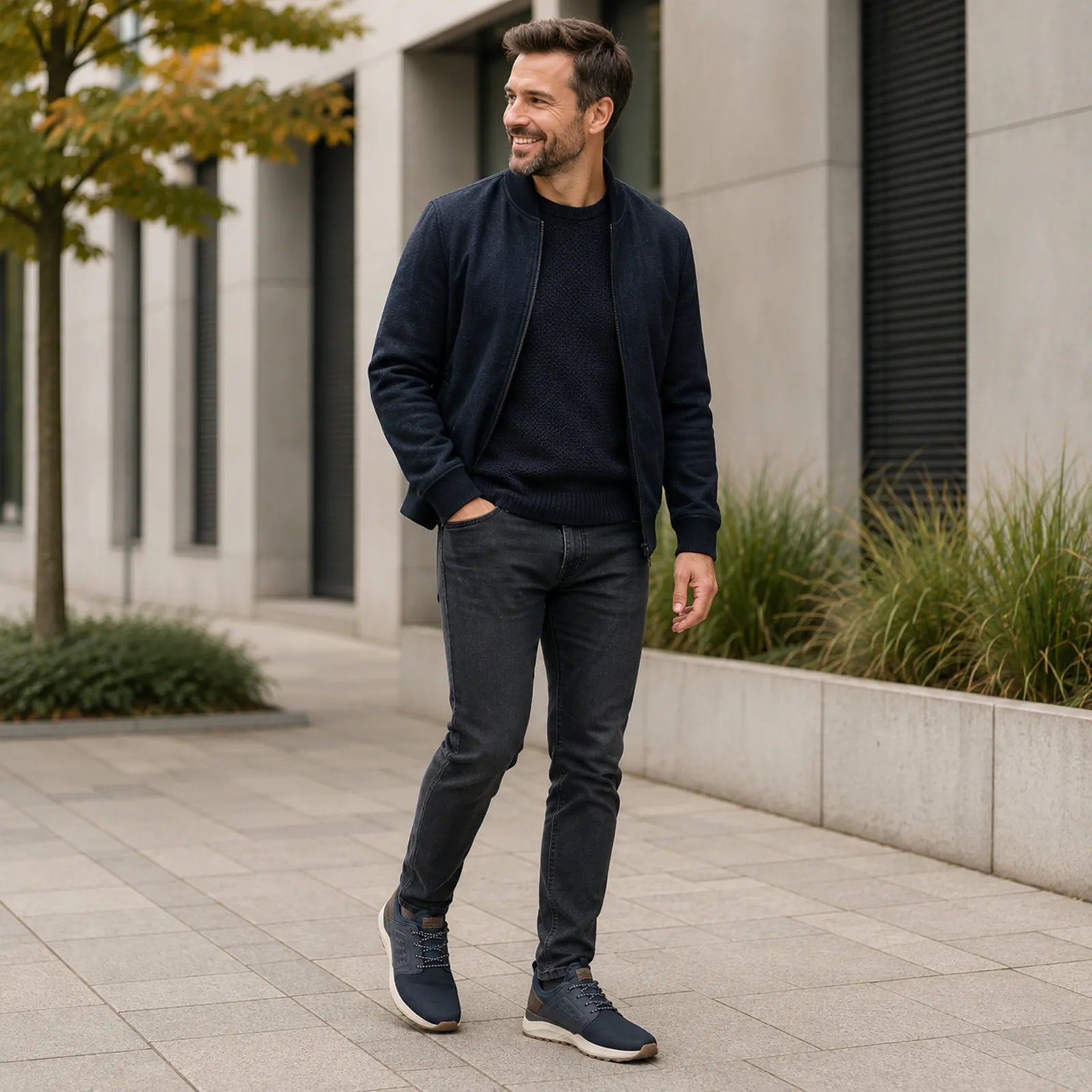 Rieker men's blue trainers styled for casual wear, walking and weekend outfits