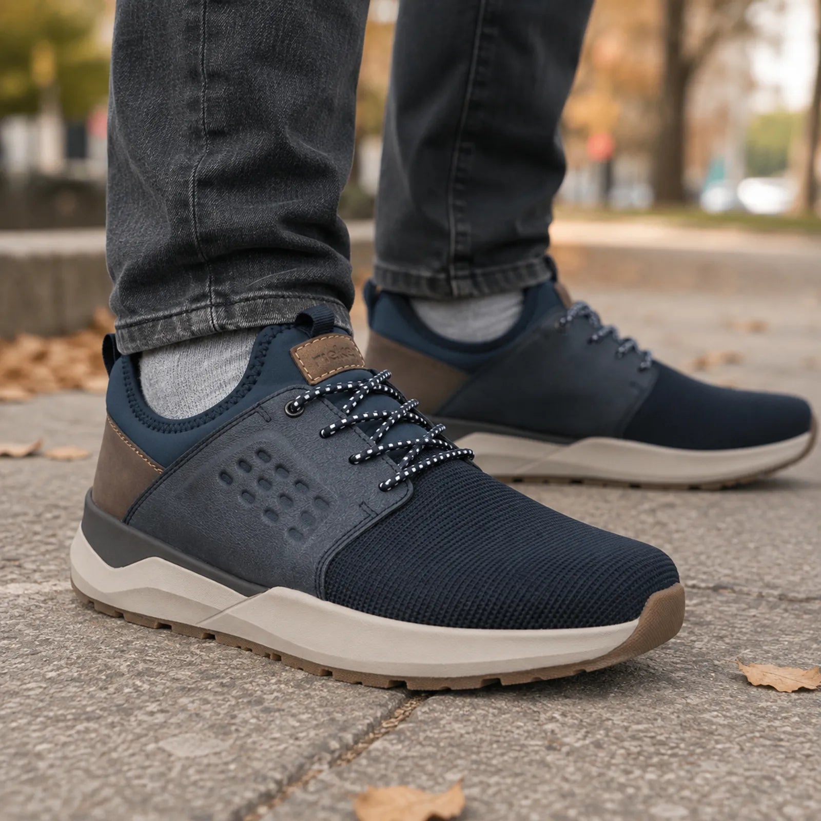 Rieker men's blue trainers worn with casual outfit for everyday walking and travel