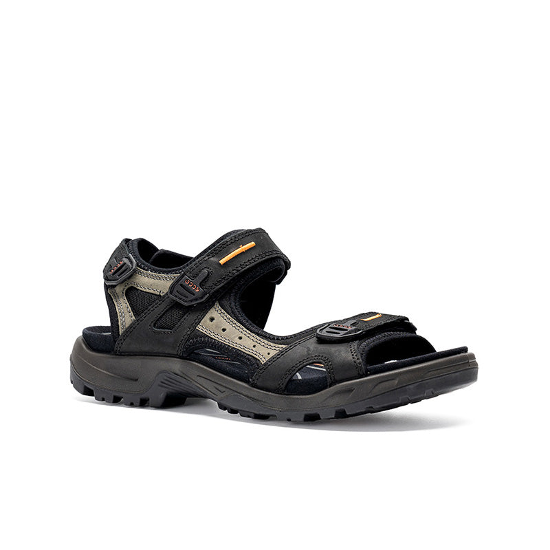 Men's offroad sandals in black and tan nubuck with hook-and-loop straps