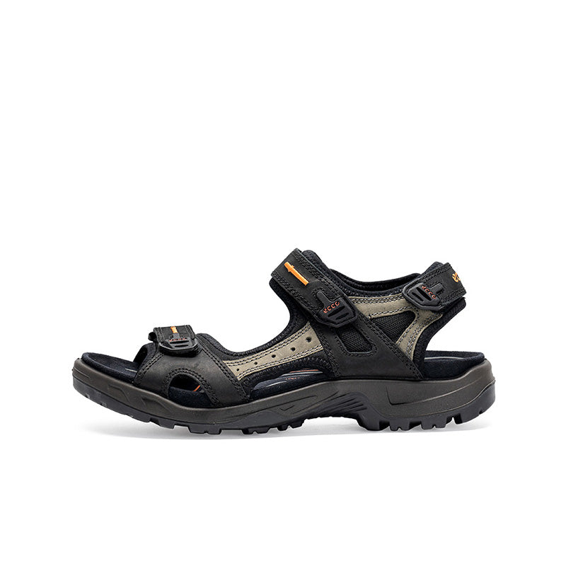 Men's offroad sandals in black and light tan with adjustable hook-and-loop straps