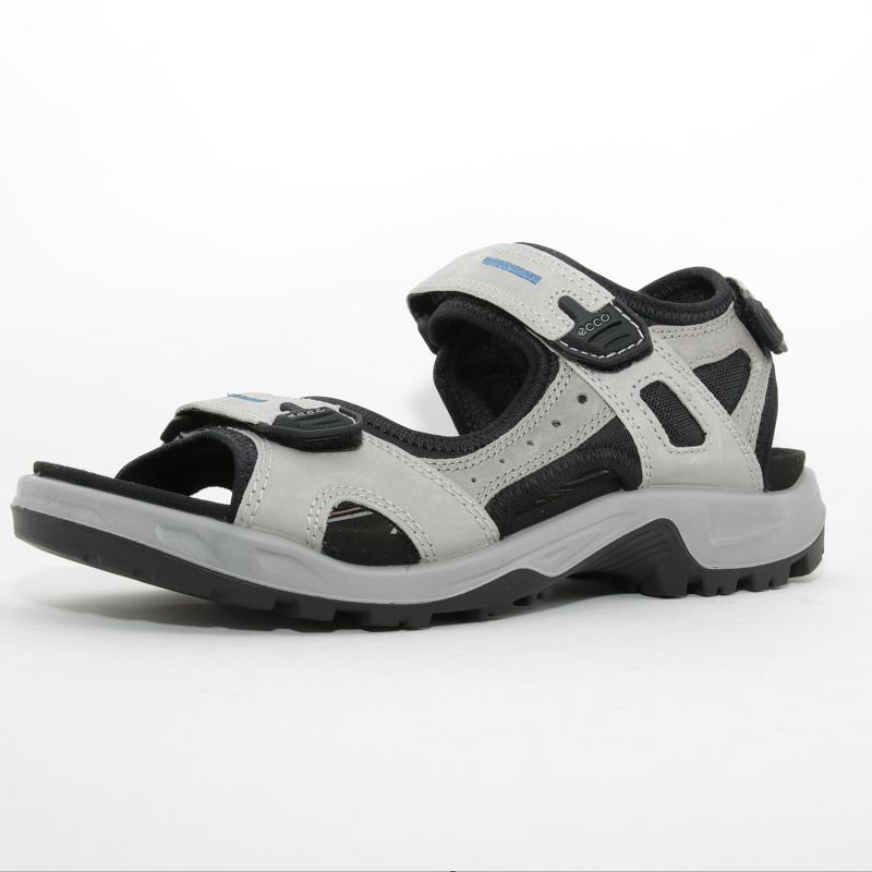 Men's offroad sandals in light gray and black with blue accents and hook straps
