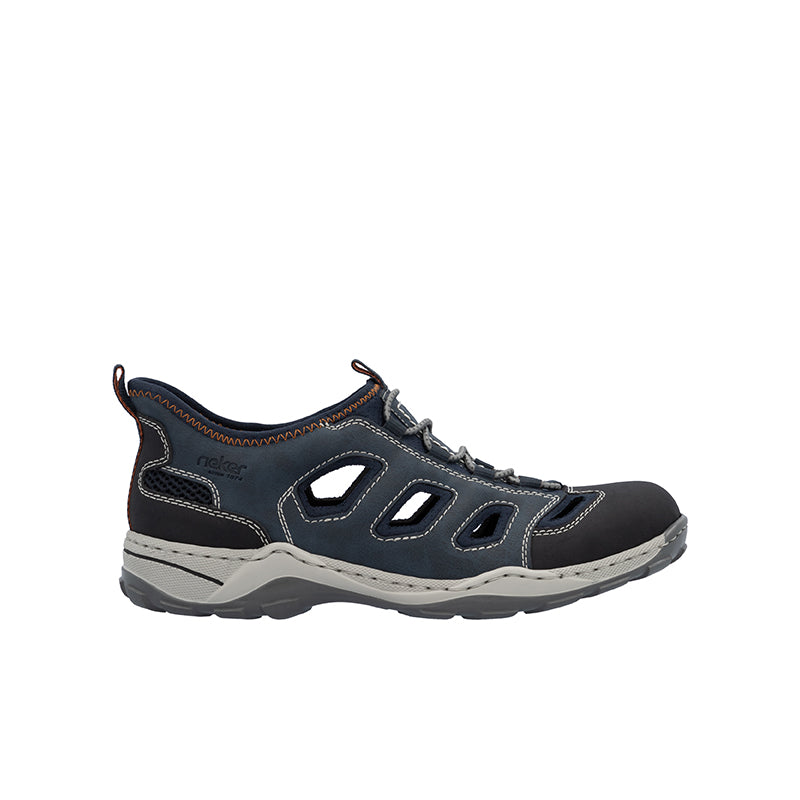 Men's blue outdoor sandals, lace-up with cushioned sole and cutout panels
