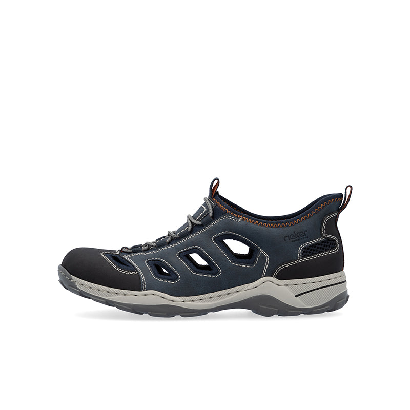 Men's blue outdoor sandals, side profile with lace-up closure and grippy sole