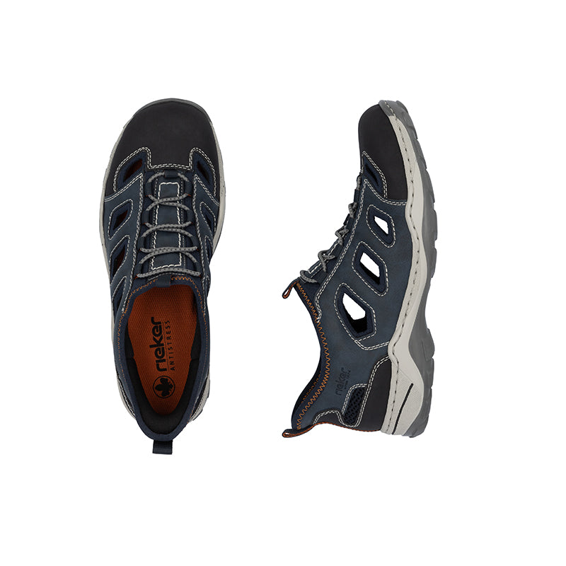 Men's blue sandals, toe and side views with lace-up and cushioned rubber sole