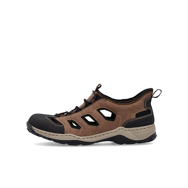 Men's brown outdoor sandals, side view with lace-up closure and rubber sole