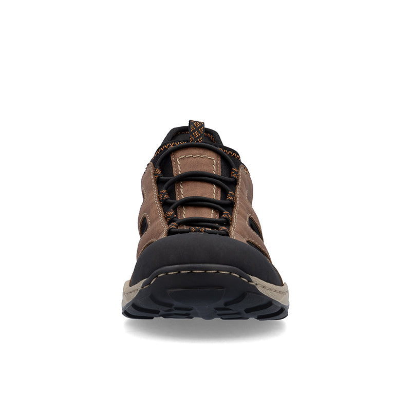 Men's brown sandals, rear view with lace-up straps and cushioned midsole