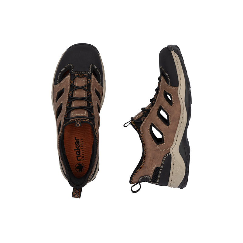 Men's brown sandals, front and side views with lace-up and vented panels