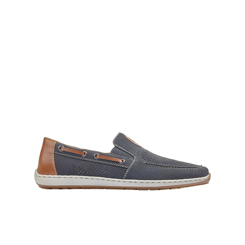 Men's dark blue mesh slip-on loafers with tan trim and brown leather panel