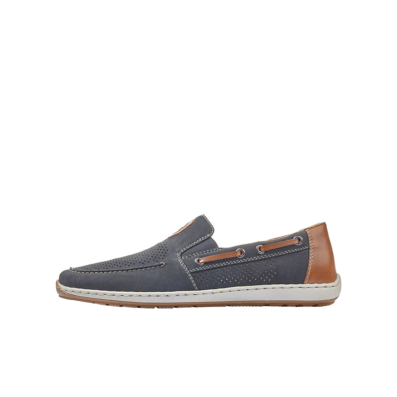 Men's dark blue slip-on loafer shoe with brown leather side panel and tan accents