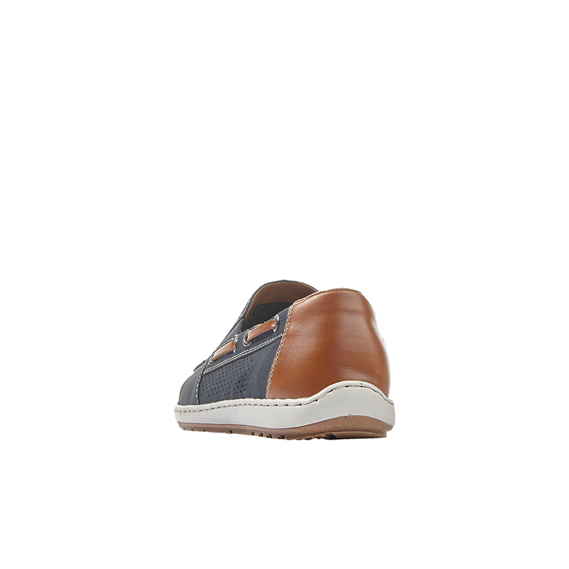 Men's brown leather and dark blue slip-on loafer shoe with cushioned heel tab