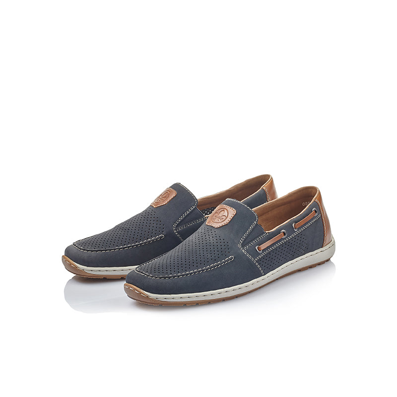 Pair of men's dark blue slip-on loafers with tan laces and brown leather detail