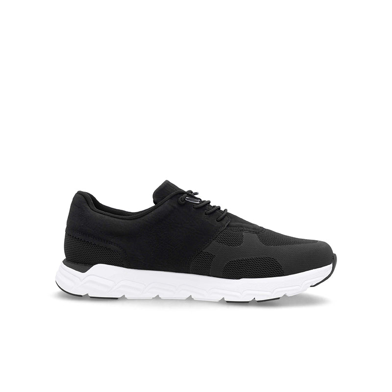 Men's lace-up casual sneakers, black fabric upper with white cushioned sole