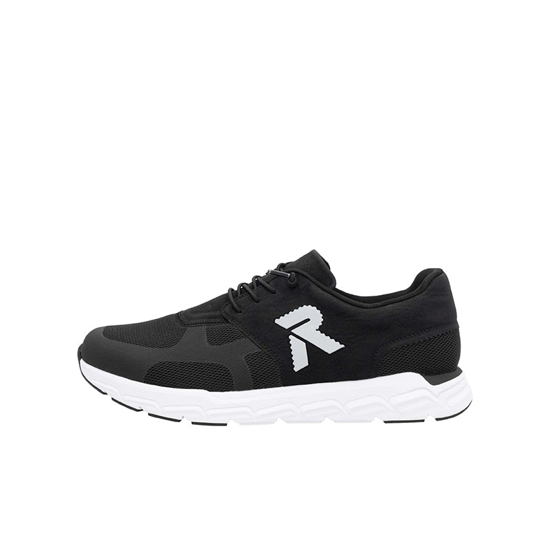 Men's lace-up casual sneakers, black upper with white logo detail and white sole
