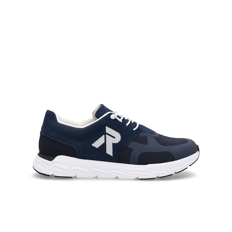 Men's lace-up casual sneakers, navy fabric upper with white sole and lace