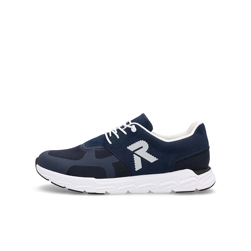 Men's lace-up casual sneakers, navy upper with white logo and white cushioned sole